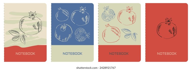 Universal abstract layouts with pomegranate fruits in vintage colors. Cover page templates. Floral print. For notebooks, planners, brochures, books, catalogs, etc. Vector.