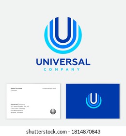 Universal abstract logo. U letter located in a few colored circles. Multi color geometric elements as U monogram on different backgrounds. Business card.