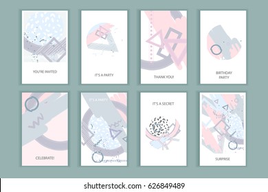 Universal abstract posters set. Creative geometric cards in pastel colors. Trendy creative abstract cards for wedding, anniversary, birthday, Valentin's day, party invitations, web, print.  