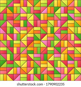 Universal Abstract Seamless Pattern of Simple Geometric Elements of Crimson, Green, Orange, Red, Pink, Yellow Colors.
