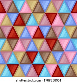 Universal Abstract Seamless Pattern of Triangular Geometric Elements of Beige, Blue, Brown, Red, Pink Colors. Minimalistic Continuous Symmetric Background of Simple Geometric Figures Striped Triangles