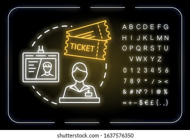 Universal Admission Ticket Neon Light Concept Icon. Personal Premium Access Pass, Budget Travel Idea. Outer Glowing Sign With Alphabet, Numbers And Symbols. Vector Isolated RGB Color Illustration