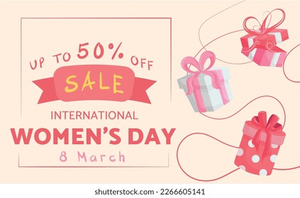 Universal advertising banner for a website with a 80 percent discount on March 8. Discount banner with gift boxes for International Women's Day. Sale up to 80% off. Flyer for shop about sale