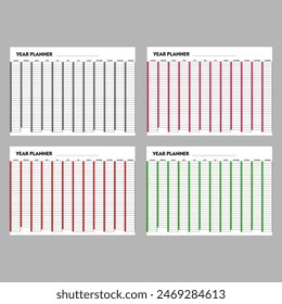 Universal annual planner, aset of planner, wall calendar for any year for daily routines for the day of each month. Planner template with twelve months in gray, red, green and pink color