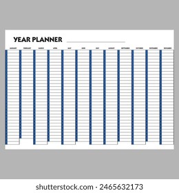 Universal Jahresplaner, Wandkalender für jedes Jahr für Tagesabläufe für den Tag eines jeden Monats. Planer Vorlage mit 12 Monaten in Blau, Vektorillustration