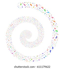 Universal Army Knife festival swirling spiral. Vector bright multicolored scattered icons.
