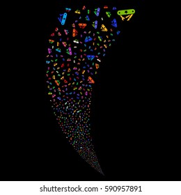 Universal Army Knife random fireworks stream. Vector illustration style is flat bright multicolored iconic symbols on a black background. Object fountain done from scattered pictograms.