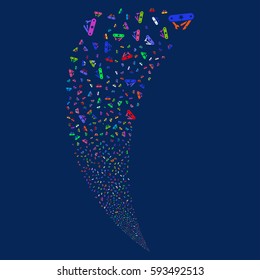Universal Army Knife random fireworks stream. Vector illustration style is flat bright multicolored iconic symbols on a blue background. Object fountain made from scattered pictograms.