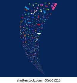 Universal Army Knife random fireworks stream. Vector illustration style is flat bright multicolored iconic symbols on a blue background. Object fountain created from scattered pictograms.