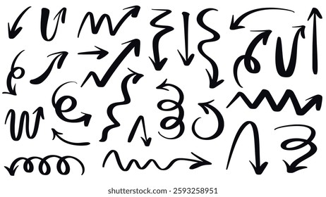 Universal arrows in doodle style set. Collection of ink arrows right, left, up, down, curved, circle and others. Hand drawn direction pointer icons, vector graphics