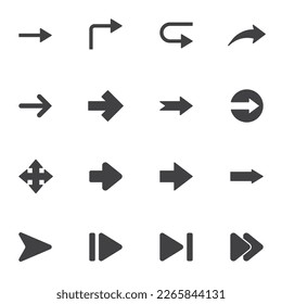 Universal arrows vector icons set, modern solid symbol collection, filled style pictogram pack. Signs, logo illustration. Set includes icons as play button, navigation cursor, arrow pointer, pause