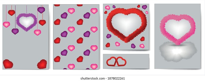 Plantillas de arte universal. Juego de tarjetas de vacaciones para el día de San Valentín. corazones multicolores hechos de piel. Ilustración vectorial.
