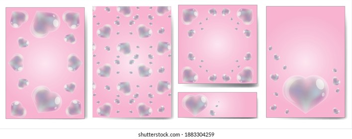 Plantillas de arte universal. Juego de tarjetas de vacaciones para el día de San Valentín. Burbujas de jabón arcoiris. Ilustración vectorial.
