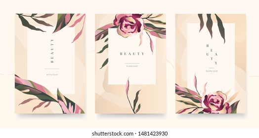 Universal artistic cards templates with flowers. Modern fashionable design. Good for cover, invitation, placard, brochure, poster, card, flyer and other.