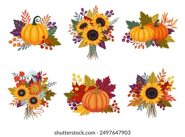 Universal Autumn bouquet pumpkin cards. Hello Autumn. Leaves bouquet flowers twigs. For flyer, poster, banner, brochure, email header. isolated on white background