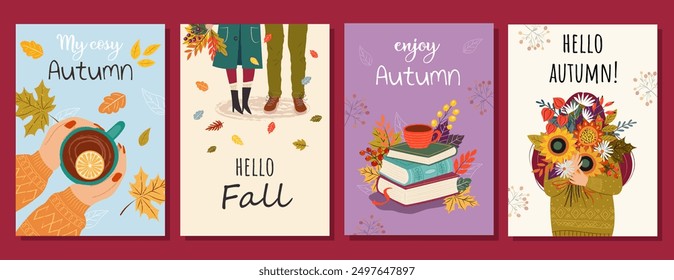 Universal Autumn card. Love autumn. Hello Autumn. Leaves bouquet flowers twigs. For flyer, poster, banner, brochure, email header. isolated on white background