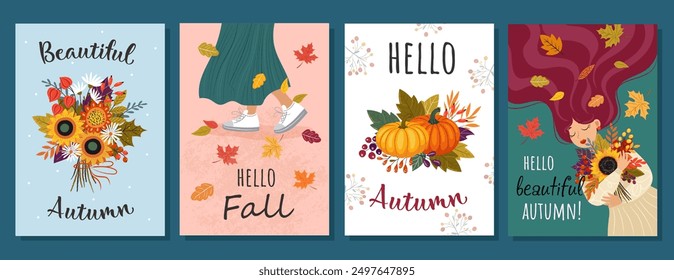 Universal Autumn cards. Love autumn cards. Hello Autumn. Leaves bouquet flowers twigs. For flyer, poster, banner, brochure, email header. isolated on white background