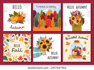 Universal Autumn square cards. Love autumn. Hello Autumn. Leaves bouquet flowers twigs. For flyer, poster, banner, brochure, email header. isolated on white background