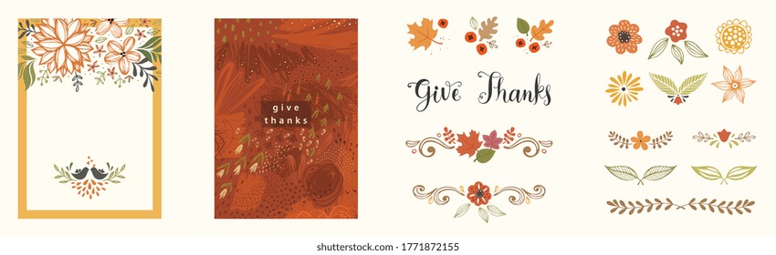 Universal autumn template and design elements. Good for Thanksgiving greeting cards, invitations, flyers and other graphic design. Vector illustration.