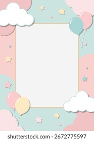 Universeller Babyhintergrund mit Ballons, Wolken und Platz für Text. Pastellrahmen für Geburtstag und Babydusche