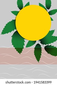 The universal background is established in combination with bright yellow geometrical elements, leaves. Trendy gray background. Magazine, leaflet, billboard, sale.