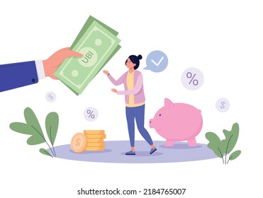 Universal basic income. Business model investment finance, basics tax deduction salary economy bank benefit welfare coin cash money, social help people, vector illustration of business investment