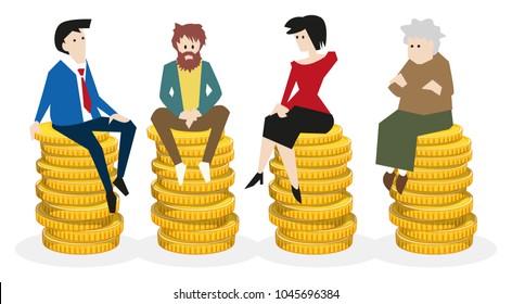 Universal basic income, diferent people sitting on equal coin piles