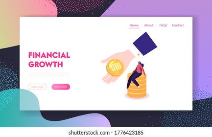 Universal Basic Income Landing Page Template. Tiny Woman Sit on Stack of Gold Coins, Huge Hand Giving UBI Coin. Female Character Get Money Cash, Financial Profit or Salary. Cartoon Vector Illustration