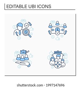 Universal basic income line icons set. Dilative class, supporting workers, universal payment, individual payment.Global economy concept. Isolated vector illustrations.Editable stroke