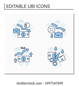 Universal basic income line icons set. Higher tax, less spending, reduce work motivation, low wages. Inequality and inflation. Global economy concept. Isolated vector illustrations.Editable stroke