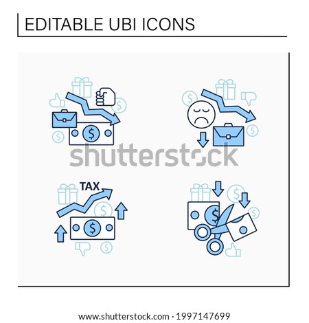 Universal basic income line icons set. Higher tax, less spending, reduce work motivation, low wages. Inequality and inflation. Global economy concept. Isolated vector illustrations.Editable stroke