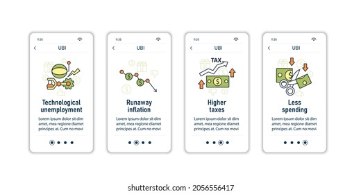 Ingreso básico universal en pantallas de aplicaciones móviles. Declaración de impuestos, crecimiento económico. Desigualdad e inflación. Menú de pasos de economía global. Conjunto de UI, UX, plantilla web con iconos lineales de color RGB