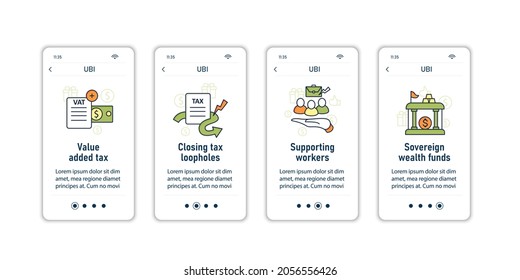 Universal basic income onboarding mobile app screens. Tax declaration, economic growth. Inequality and inflation. Global economy steps menu. Set of UI, UX, web template with RGB color linear icons