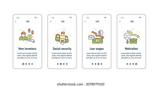 Universal basic income onboarding mobile app screens. Tax declaration, economic growth. Inequality and inflation. Global economy steps menu. Set of UI, UX, web template with RGB color linear icons