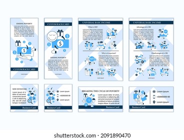 Universal basic income set of marketing templates.Economic growth abstract design. Inequality and inflation. Global economy advertisements include brochures,banner, social poster,flyer,business cards