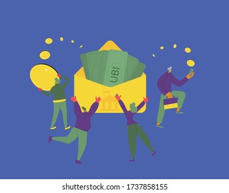Universal basic income. Unconditional guarantee. Living stipend. Governmental public program for a periodic payment to people. Vector flat illustration.