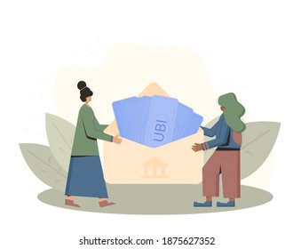 Universal basic income. Unconditional guarantee. Living stipend. Governmental public program for a periodic payment to people. Vector flat illustration.