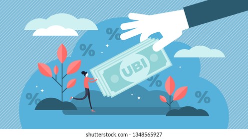 Universal basic income vector illustration. Flat tiny money receiving person concept. Economical governmental income guarantee to resident citizens equality. Social support system to reduce poverty.