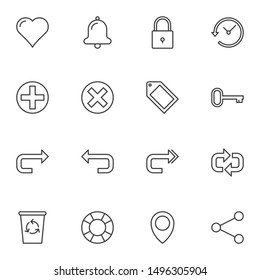 Universal Basic line icons set. linear style symbols collection, outline signs pack. vector graphics. Set includes icons as heart like, notification, add and cancel button, next and back arrow, share 