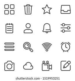 Universal basic line icons set. linear style symbols collection outline signs pack. vector graphics. Set includes icons as trash bin, task list, wifi signal, alarm clock, camera, user contact, cloud