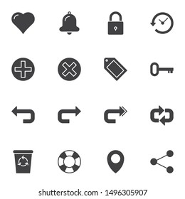 Universal Basic vector icons set, modern solid symbol collection, filled style pictogram pack. Signs, logo illustration. Set includes icons as heart like, notification, add and cancel button, share 