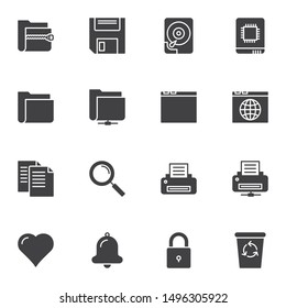 Universal basic vector icons set, modern solid symbol collection, filled style pictogram pack. Signs, logo illustration. Set includes icons as document file folders, HDD, printer, browser web page