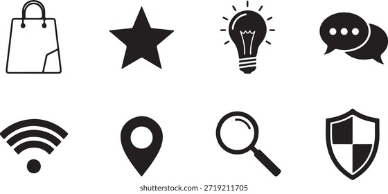 Conjunto de iconos web negros universales que incluyen bolsa de compras bombilla de luz estrella Burbujas de discurso Wifi Ubicación Pin Lupa y escudo