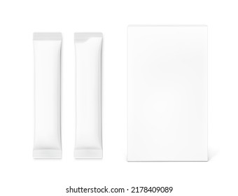 Universal blank cardboard box with wide stick bag mockup. Vector illustration isolated on white background. Can be use for food, medicine, cosmetic and etc. EPS10.	