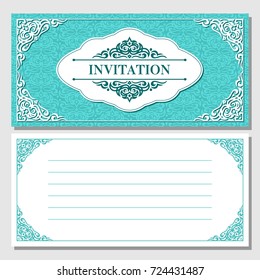 Universal blue invitation card to the wedding, birthday, party. Classic style with ornament. Сopy space.
