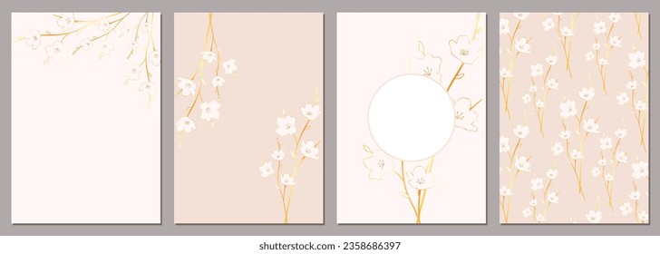 universelle botanische Blume mit goldenen Linien bedecken Design-Hintergrund Vorlage in Set. geeignet für Hochzeitseinladung, Dankeschön-Karte, Einladung, Poster, Banner, Flyer.