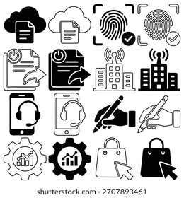 Conjunto de iconos de negocios y Tecnología universal. colección de Vector que incluye almacenamiento en la nube, seguridad de huellas dactilares, uso compartido de archivos, ciudad inteligente, Asistencia móvil, escritura, análisis de datos y símbolos de comercio electrónico