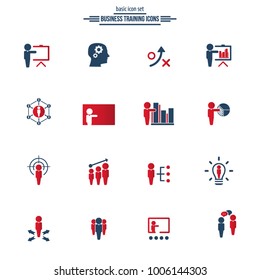 Universal business training icons set. Vector.