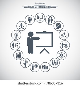 Universal business training icons set. Vector.