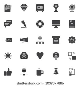 Universal business vector icons set, modern solid symbol collection, filled style pictogram pack. Signs, logo illustration. Set includes icons as Document paper clip, Diamond, Safebox, Trophy cup